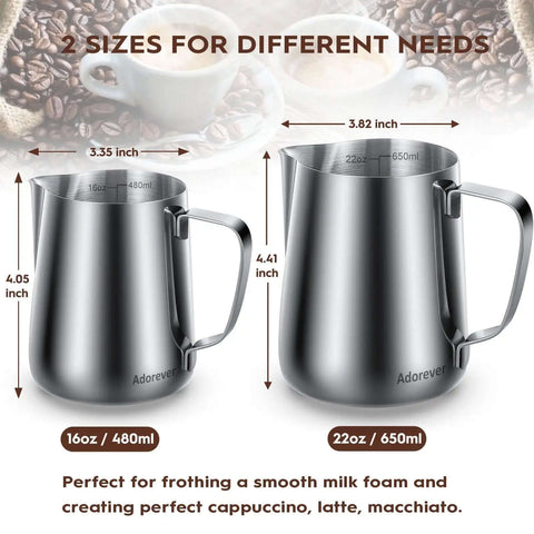 Two sizes of Milk Frothing Pitcher 16oz 480ml Stainless Steel Steaming Cup With Latte Art Pen For Frothing Milk for lattes.