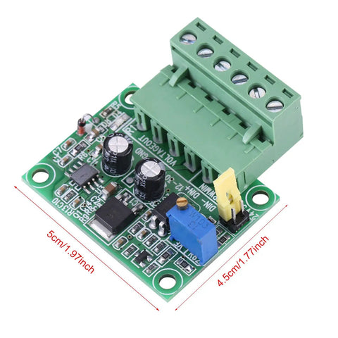 PWM To 0-10V Voltage Converter Module for PLC Interfaces, 5x4.5cm board, top view with green connector and electronic components.