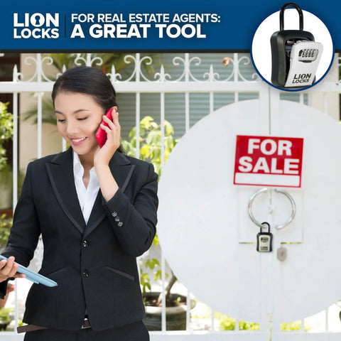 Woman using phone in front of house with Rock Solid Key Lock Box Safe With Combination For Real Estate Home Car And Vacation Rentals.