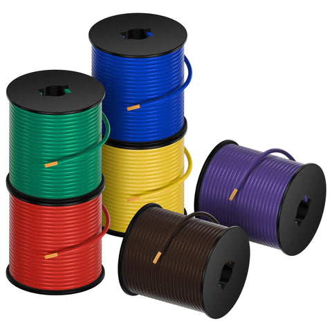 Six Color Code 14 Gauge CCA Wire Spool Set 100 Ft Each 600 Ft Total Single Conductor Automotive Primary Hook Up Wire SAE J1128 For Trailer RV Camper Low Voltage Wiring Red Blue Green Yellow Brown Purple