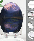 Elongated Resin Toilet Seat for Bathroom with mountain scene, 14.5" x 18.5", featuring stainless steel hinge and grip-tight bumpers.