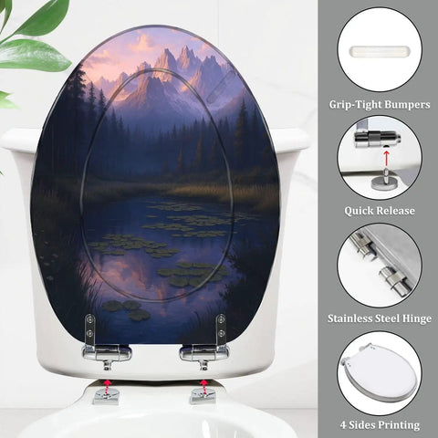 Elongated Resin Toilet Seat for Bathroom with mountain scene, 14.5" x 18.5", featuring stainless steel hinge and grip-tight bumpers.