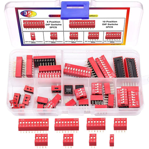 35 Piece Dip Switch Kit With Double Row On Off Slide Type Dip Switches 1 2 3 4 6 8 10 Position 2.54mm PCB Mountable Red Toggle Switches