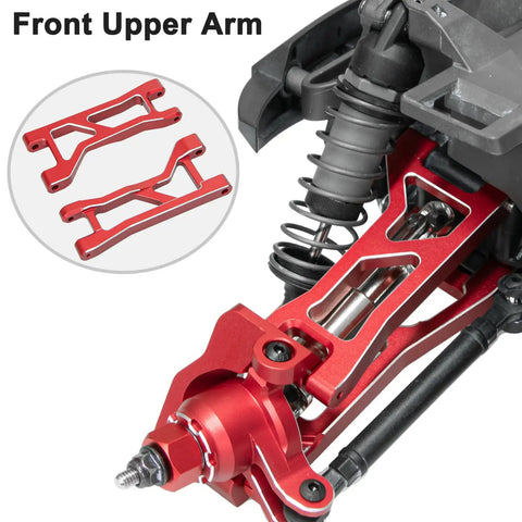 Close-up of red front upper arm from Beefy Aluminum RC Suspension Arms Kit For 1 Sixteenth Mini XRT Monster Truck Upgrade.