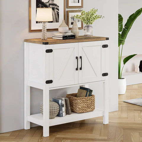 Dope White Console Table With Hidden Storage Cabinets For Entryway And Foyer, Farmhouse Style, setup with decor items on top.