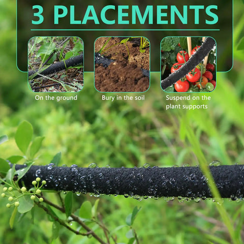 Close-up of Half Inch Soaker Hose 50 Feet For Garden Beds Heavy Duty Drip Irrigation Kit showing water distribution in garden.