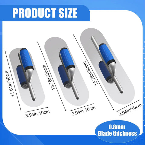 Pro Grade Three Piece Stainless Steel Concrete Trowel Set With 16 By 4 Inch 14 By 4 Inch And 12 By 4 Inch Flat Finishing Trowels sizes displayed