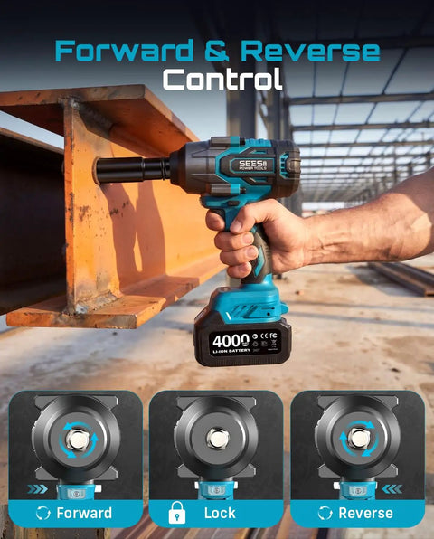 Heavy Duty 1000 Newton Meter Cordless Impact Wrench Kit with half inch drive in use on metal beam, showing forward and reverse control