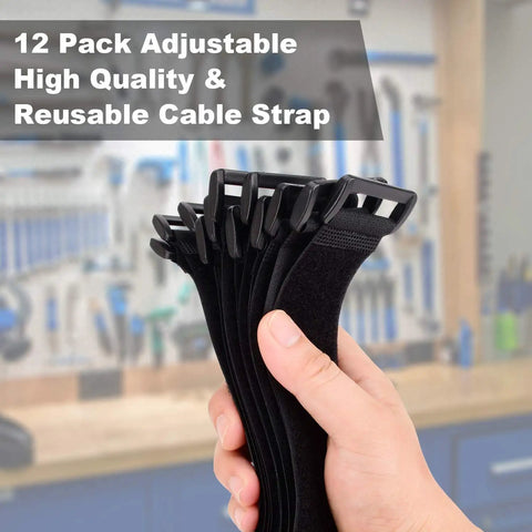 Heavy Duty 1.5 x 24 Inch Hook And Loop Cable Ties 12 Pack Adjustable Fastening Straps With Plastic D Ring Buckle shown in hand