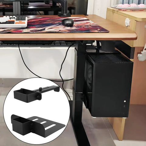 Beefy Under Desk PC Mount Clamp On Computer Tower Holder installed under a desk, showcasing adjustable height and width.
