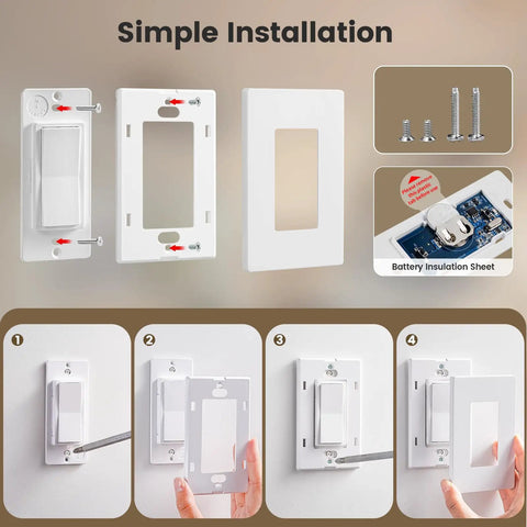 Wireless Light Switch And Receiver Kit With Decorator Rocker Wall Switch, 15 Amp, 100 Ft RF Range, No Wiring No WiFi Needed