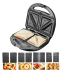 5 in 1 Electric Waffle Maker With Non Stick Coating For Quick Cooking Of Donuts Cake And Panini Presses, with sandwich plates and interchangeable designs.