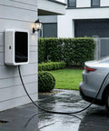 Rock Solid EV Charger Protection Enclosure with Lock and Weatherproof Wall Mount design in rain, mounted on a wall.