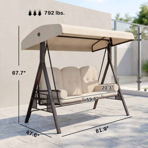 Three Seat Patio Swing Chair With Adjustable Canopy Cozy Outdoor Porch Swing Glider With Removable Cushions Beige
