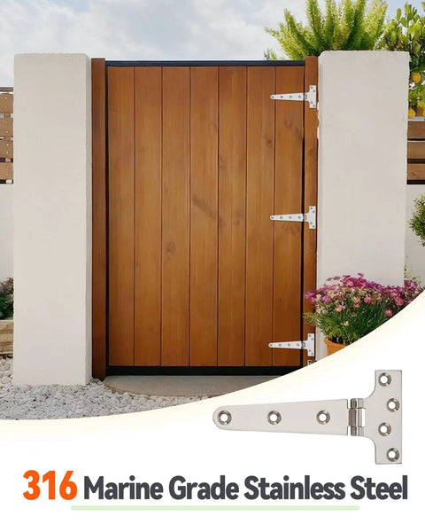 316 Stainless Steel T Hinges 6 By 3 In Built To Last Heavy Duty Marine Grade Door Hinges That Resist Rust With Mirror Polish Finish Weatherproof For Coastal Use And Harsh Environments on wooden gate