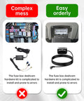 Comparison of complex fuse box wiring mess and orderly OBD2 dash cam power cable installation.