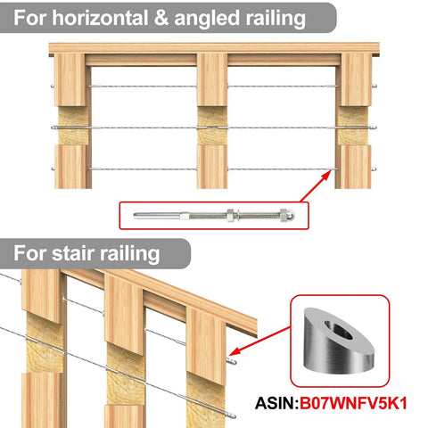 50 Pack Cable Railing Kit With Swage Threaded Stud Tension End Fittings For 1 8th Inch Cable Deck Railing In T316 Stainless Steel For 4x4 And 2x2 Posts Easy Install Tensioner Hardware shown in horizontal and stair railing applications.