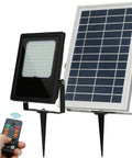 JUDYSSY Solar Floodlight Outdoor with remote, black aluminum light and solar panel for outdoor garden use.