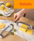 Heavy Duty Real Deal Butter And Cheese Slicer With Precision Stainless Steel Wires Ergonomic Grip Dishwasher Safe in use, slicing cheese.