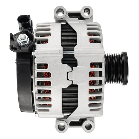 BMW X5 Alternator Replacement 12V 183 Amp OE 11362N Direct Fit For 2007 2008 2009 2010 Models Beefed Up Charging System Part Easy Install Serious Power Upgrade. silver aluminum alternator with black pulley, copper windings