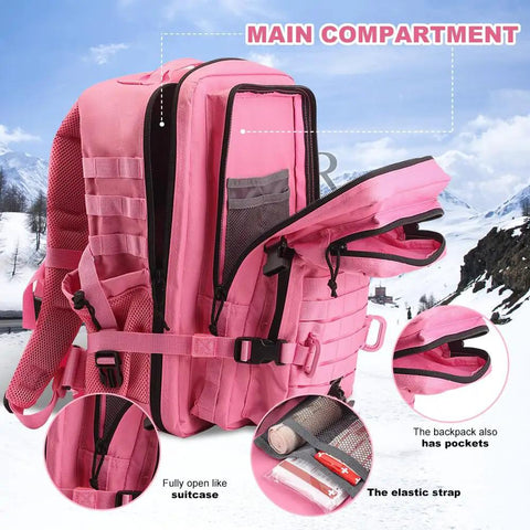 Pink 45L MOLLE Assault Backpack With Bottle Holder And D Rings 3 Day Tactical Rucksack For Camping And Mil Grade Use, open view