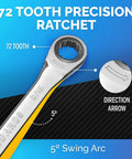 Image showing a Ratcheting Wrench With Slim Profile Nine Sixteenth Inch, Chrome Vanadium Build, featuring 72-tooth precision.