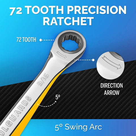 Image showing a Ratcheting Wrench With Slim Profile Nine Sixteenth Inch, Chrome Vanadium Build, featuring 72-tooth precision.