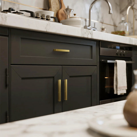 2 Pack Solid Brass Cabinet Handles In Brushed Gold Finish Modern Kitchen Hardware installed on dark cabinets