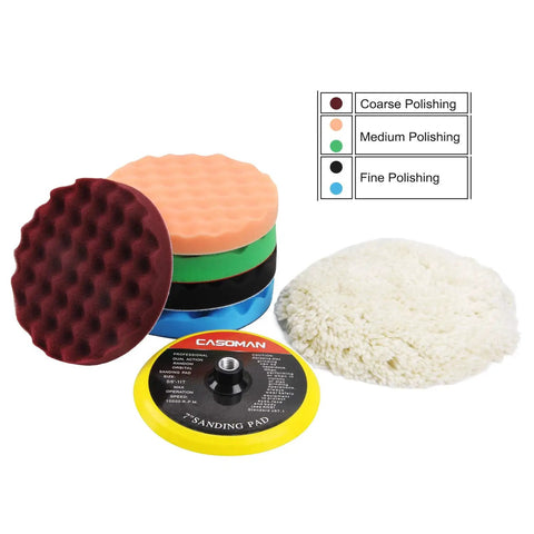 7 Inch Buffing And Polishing Pad Kit With 7 Pieces, including sponge and wool pads for waxing and polishing, shown by color-coded guide.