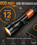 Ultra Bright USB C Rechargeable Flashlight With Four Modes, 5000mAh Battery, LCD Power Display, showing 12-hour runtime
