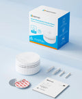 Hella Smart Smoke Detector With Matter Thread Protocol Integrated Temp And Humidity Gauge Plays Nice With Alexa Google Home And SmartThings on a blue background with packaging and installation tools.