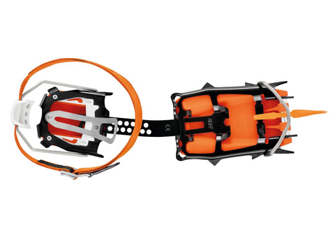 Top view of Lynx Crampons For Technical Ice Climbing And Mixed Mountaineering Lightweight Yet Beefed Up Modular Crampons with orange accents.