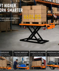 Rock Solid Electric Scissor Lift Table Cart With 660 Lb Capacity And 47 Inch Platform Height Battery powered cart lifting boxes in warehouse.