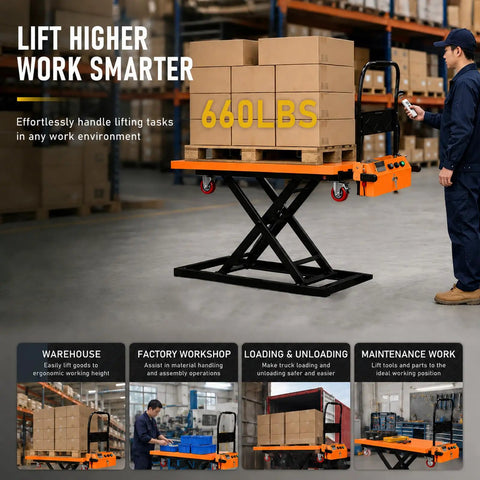 Rock Solid Electric Scissor Lift Table Cart With 660 Lb Capacity And 47 Inch Platform Height Battery powered cart lifting boxes in warehouse.