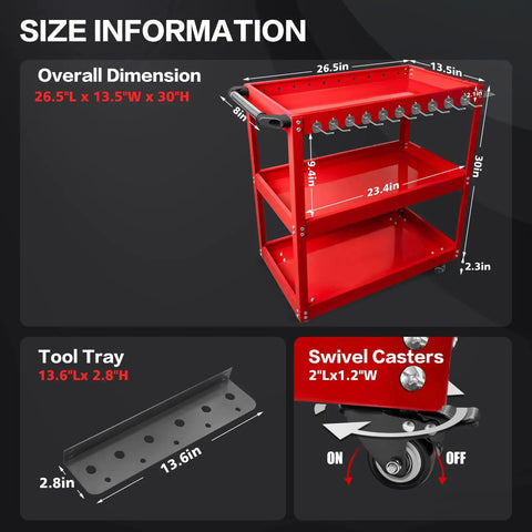 Three Tier Rolling Tool Cart With Side Hooks On Wheels Heavy Duty Metal Utility Cart With size dimensions and swivel casters