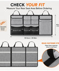 Multi Pocket Rear Seat Bag Optimized For Tesla Cybertruck 2023 Through 2026 with adjustable straps and size measurements.