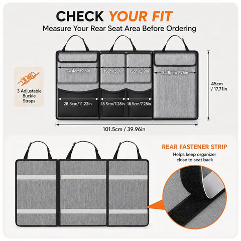 Multi Pocket Rear Seat Bag Optimized For Tesla Cybertruck 2023 Through 2026 with adjustable straps and size measurements.