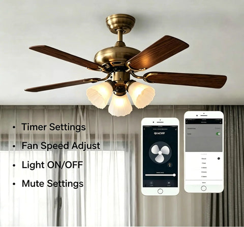 WiFi Universal Ceiling Fan Light Remote Control Kit With Built In Mute And Timer shown with app interface