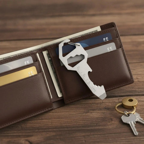 Ultra Slim Metal Multi-Tool Card With Bottle Opener And Hex Wrench For Wallet Or Keychain shown in a brown wallet on wooden surface