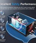 Illustration of safety protections for 30V 5A Adjustable DC Power Supply with Dope Encoder Knob, showing internal components and LED display.
