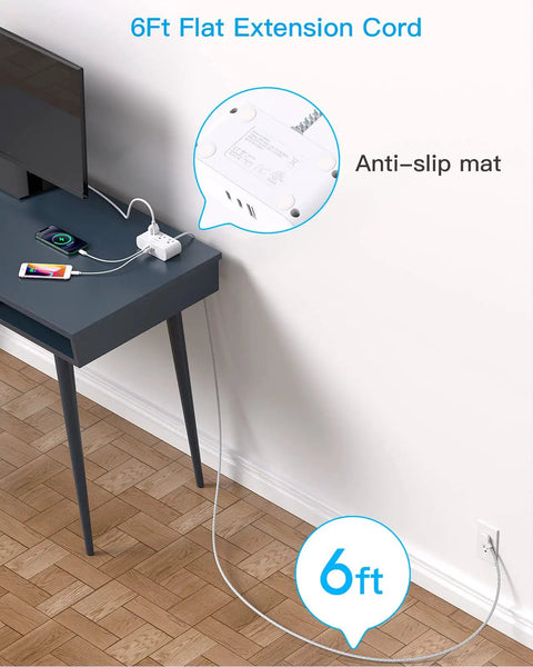 Flat Plug Power Strip Six Feet Ultra Thin Flat Extension Cord With Three Outlets And Three USB Ports Including Two USB C No Surge Protector for desk setup
