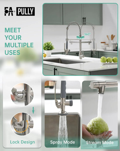 Heavy Duty Commercial Pull Down Kitchen Faucet With Sprayer In Brushed Nickel All Metal Body Pro Grade Durable Spring