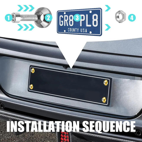 4 Piece Slick Gold Motorcycle License Plate Bolts installation sequence showing M6 aluminum screws and tag attachment.