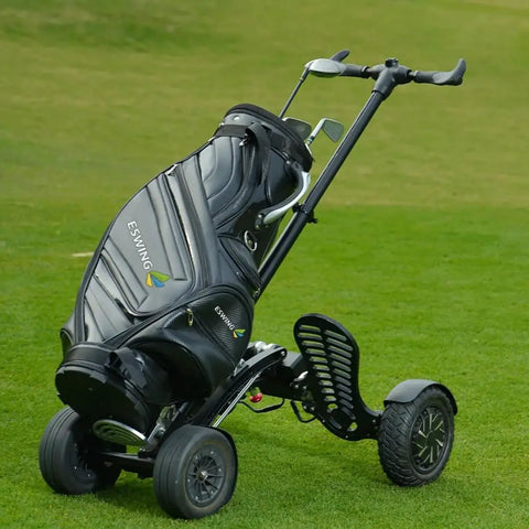 Electric Four Wheel Foldable Golf Cart Trolley With Easy Push Or Ride Options In Classic Black Trim on grass.