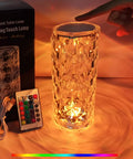 Touch Control Rose Crystal Lamp With USB Port 16 RGB Color Changing LEDs Romantic Diamond Table Lamp displayed with remote control.