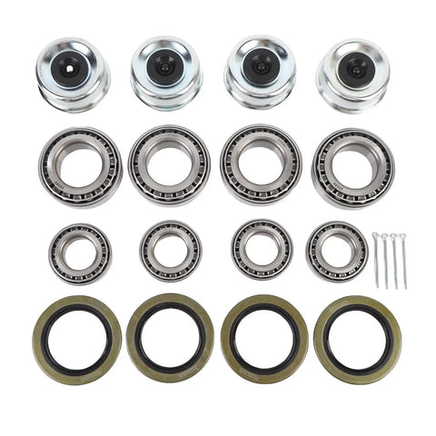 Trailer Wheel Hub Bearings Kit For 5200 To 6000 Lb Axles, Four Piece Replacement Kit With Grease Seals And Cotter Pins, Designed For Rebuilding Your Trailer Hub On 5200 6000 Lb Axles displayed.