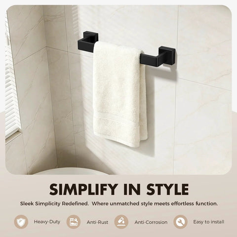 Matte Black 5 Piece Bathroom Hardware Set Made Of SUS304 Stainless Steel Wall Mounted Towel Bar installed with towel
