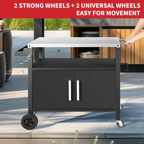 Grill Cart With Big Storage Cabinet And Stainless Steel Surface Movable Outdoor Dining Station For Pizza Ovens And Grills Kitchen Island Cart Multifunction Food Prep Table For Backyard Cookin with wheels and dual cabinets.