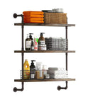 Rustic Three Tier Industrial Pipe Floating Shelves Straight Fire Modern Farmhouse Vibe With Sturdy Iron Metal Rack For Bathroom Kitchen Storage And Vintage Decor with towels and toiletries.