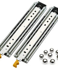 Rock Solid Steel Drawer Slides With Double Row Ball Bearings For Ultra Heavy Duty Full Extension Cabinet Rails, showcasing support runners and ball bearings.